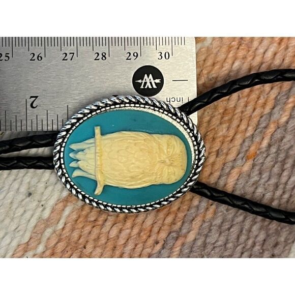 Mens Women OWL TURQUOISE Cameo Silver Pendant Lariat Black Bolo Tie Rockabilly - Picture 5 of 6